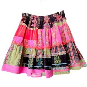 Oilily Patchwork Layered Ruffle Skirt Girls Size 7-8 128 Corduroy Ribbon Floral